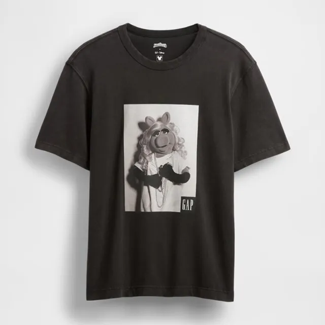 【GAP】男女同款 Gap x The Muppets聯名 Logo純棉印花圓領短袖T恤-灰黑色(750248)