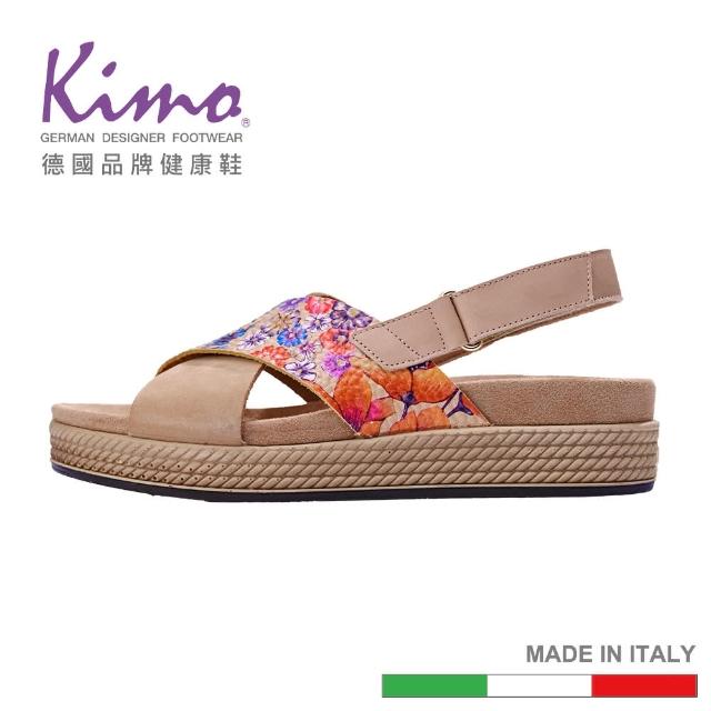 【Kimo】義大利牛皮印花寬帶平底涼鞋(杏色 7585506060)