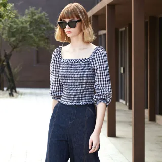 【mia mia】黑白細格紋方領上衣