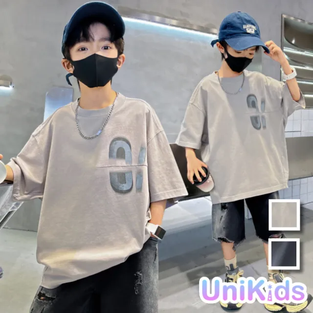 【UniKids】中大童裝短袖T恤 潮酷上衣 男大童裝女大童裝VPSBE-2423GI(淺灰 深灰)