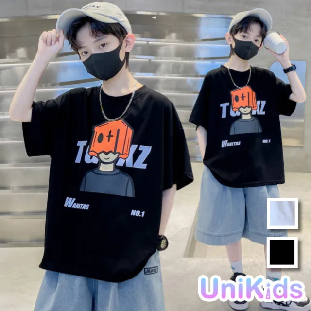 【UniKids】中大童裝短袖T恤 紙箱男孩上衣 男大童裝女大童裝VPTGXZ9868(白 黑)