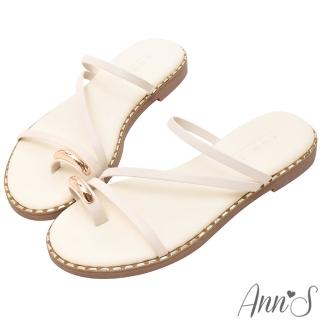 【Ann’S】防潑水爽膚皮-金色腳戒線條感寬版圓頭涼拖鞋1.5cm(米白)
