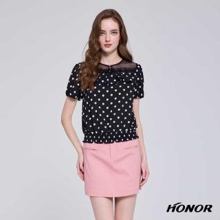 【HONOR 山形屋】拼接透紗圓點蕾絲珍珠飾上衣-黑