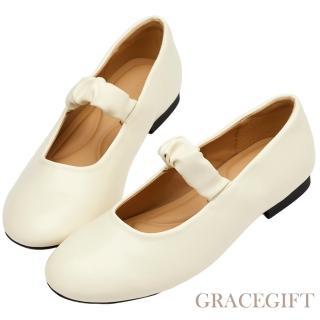 【Grace Gift】日系微甜雲朵抓皺柔感平底瑪莉珍鞋(米白)