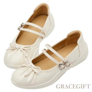 【Grace Gift】時髦潮感蝴蝶結抓皺2WAY雙帶芭蕾舞運動鞋(米白)