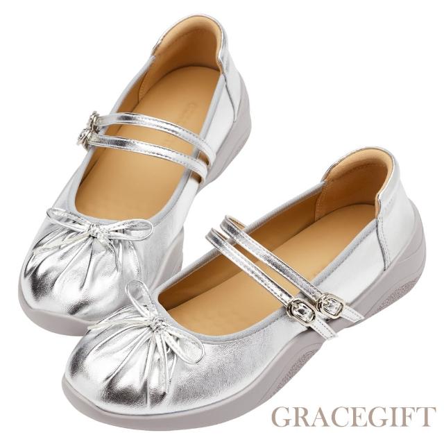 【Grace Gift】時髦潮感蝴蝶結抓皺2WAY雙帶芭蕾舞運動鞋(銀)