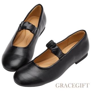 【Grace Gift】日系微甜雲朵抓皺柔感平底瑪莉珍鞋(黑)