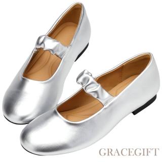 【Grace Gift】日系微甜雲朵抓皺柔感平底瑪莉珍鞋(銀)