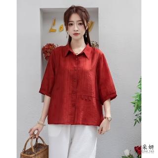 【CHAI YAN 採妍】花朵直壓紋布料雪紡襯衫五分袖上衣(春夏新款上衣-65-78公斤可穿)