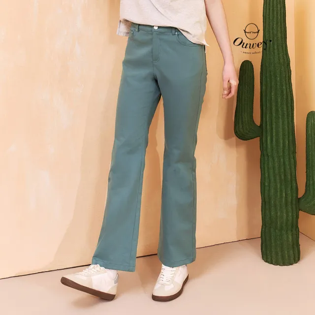 【OUWEY 歐薇】水洗棉質仿牛仔小直筒微喇褲(綠;S-L;3252398650)