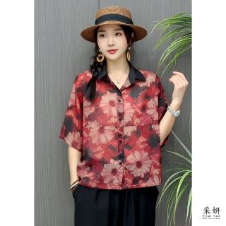【CHAI YAN 採妍】撞色領子鈕扣花朵雪紡飛鼠襯衫五分袖上衣(春夏新款上衣-65-78公斤可穿)