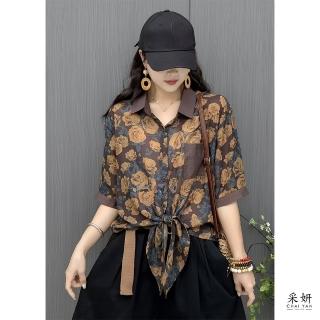 【CHAI YAN 採妍】玫瑰胸口口袋下擺打結雪紡襯衫五分袖上衣(春夏新款上衣-65-78公斤可穿)