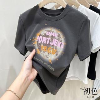 【初色】休閒洋氣減齡顯瘦正肩圖案印花圓領短袖T恤上衣女上衣-共2色-11588(M-3XL可選)
