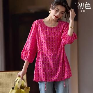 【初色】撞色印花雪紡圓領七分袖襯衫上衣女上衣-粉色-11557(M-4XL可選)