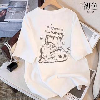 【初色】簡約手繪風文字小動物印花圓領短袖寬鬆中大尺碼T恤上衣女上衣-共2款2色-11572.11573(M-3XL可選)