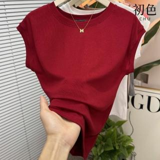 【初色】休閒洋氣減齡純色羅紋坎肩圓領短袖飛飛袖T恤上衣女上衣-共4色-11585(M-2XL可選)