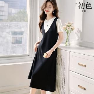 【初色】假兩件簡約風素色寬鬆顯瘦圓領短袖中長裙連衣裙連身洋裝-共2色-34988(M-2XL可選)