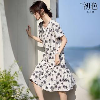 【初色】法式簡約圓領壓褶短袖碎花印花荷葉邊寬鬆中長裙連衣裙連身洋裝長裙-花色-11620(M-2XL可選)