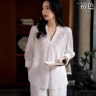 【初色】純色簡約文藝刺繡寬鬆顯瘦V領長袖襯衫上衣女上衣-白色-11551(M-XL可選)