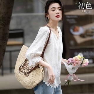 【初色】純色簡約文藝繡花流蘇繫帶圓領七分袖襯衫上衣女上衣-白色-11534(M-2XL可選)