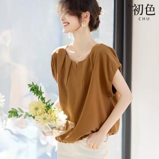 【初色】法式簡約燈籠袖短袖圓領打摺皺摺雪紡衫寬鬆上衣女上衣-姜黃色-11533(M-2XL可選)