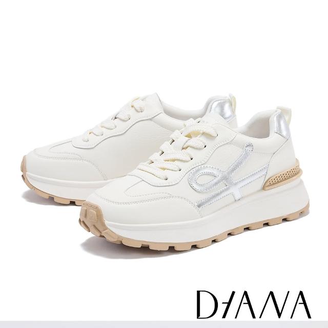 【DIANA】真皮撞色線條厚底休閒鞋(米+銀)