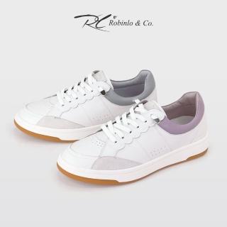 【Robinlo】真皮厚底時尚拚色休閒小白鞋TRISTEN(質感灰/奶芋紫)