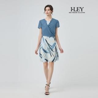 【ILEY 伊蕾】雪紡罩衫拼接假兩件印花洋裝(藍；M-2L；1252077339)