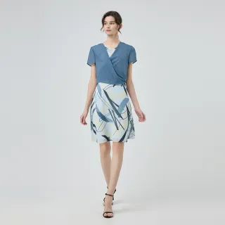 【ILEY 伊蕾】雪紡罩衫拼接假兩件印花洋裝(藍；M-2L；1252077339)