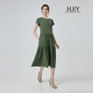 【ILEY 伊蕾】清新開釦收腰短袖長洋裝(深綠；M-XL；1252217512)