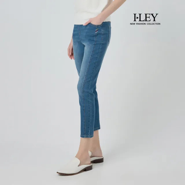 【ILEY 伊蕾】撞色彈力織帶棉質九分牛仔褲(藍;M-2L;1252268605)