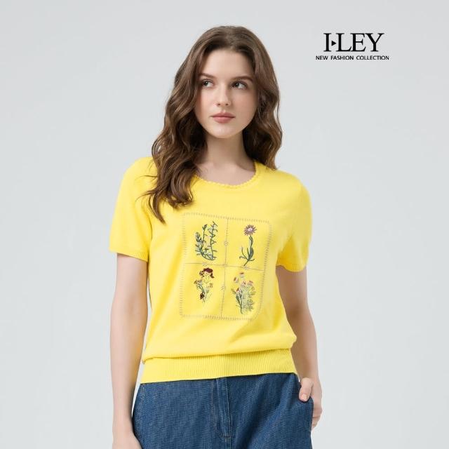【ILEY 伊蕾】水鑽花卉刺繡棉質針織上衣(黃；M-XL；1251455006)