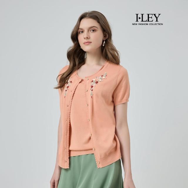 【ILEY 伊蕾】珍珠釦花卉刺繡棉質針織上衣(粉；M-2L；1251455408)