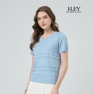 【ILEY 伊蕾】刺繡網紗拼接縲縈針織上衣(淺藍；M-XL；1251455001)