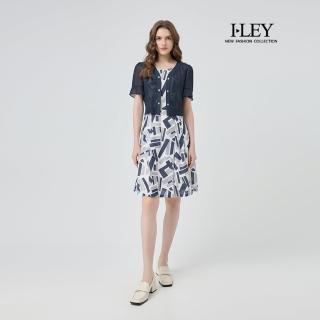 【ILEY 伊蕾】假兩件式收腰縲縈印花洋裝(深藍；M-2L；1252017481)