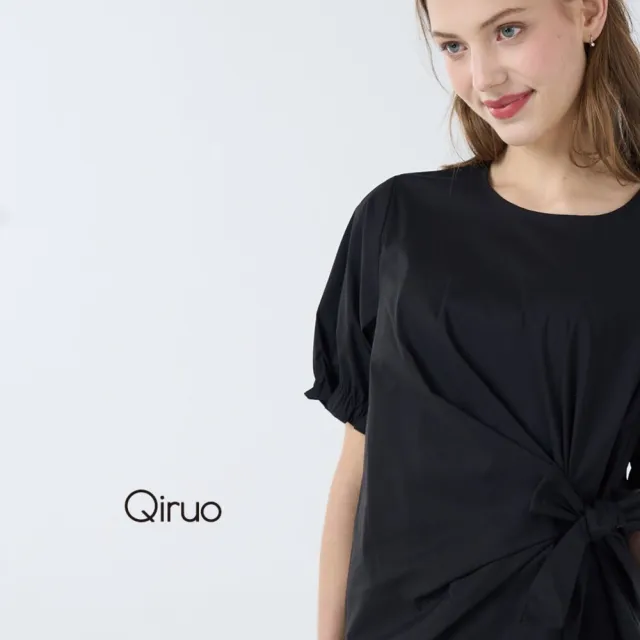【Qiruo 奇若名品】上等棉 泡泡袖五分袖腰身綁蝴蝶結黑色短袖上衣7041A
