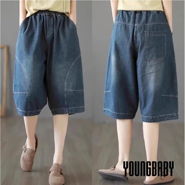 【YOUNGBABY】鬆緊圓弧車線下襬牛仔六分褲 中大尺碼女裝
