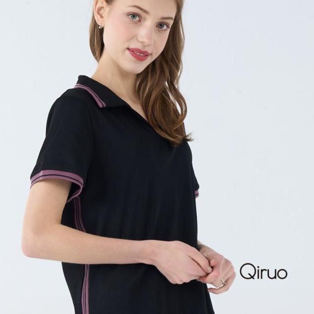 【Qiruo 奇若名品】春夏專櫃黑色短袖上衣7025A 有領設計(M-2XL)