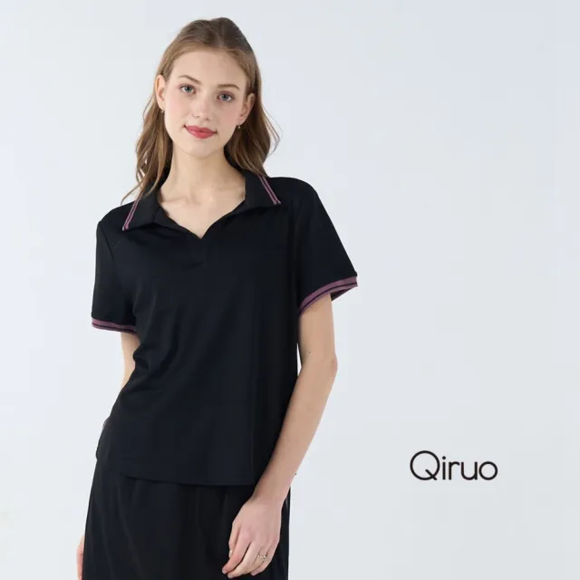 【Qiruo 奇若名品】彈性棉材質 POLO衫 V領黑色短袖上衣 紫色滾邊沒有鈕扣7025A