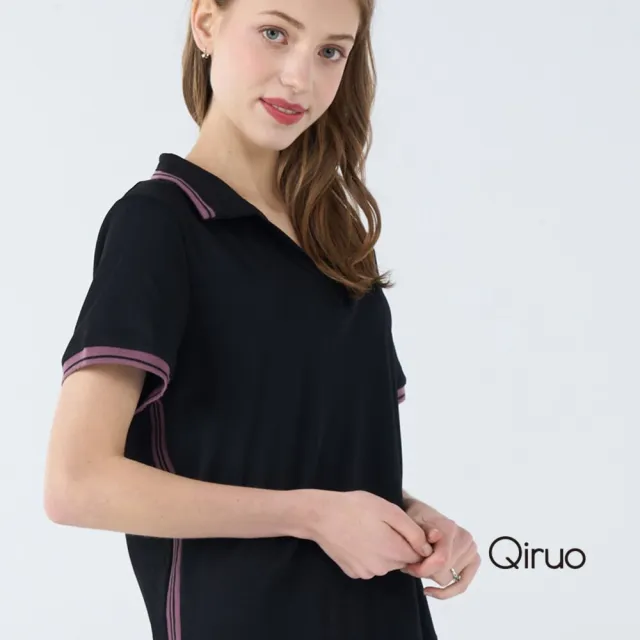 【Qiruo 奇若名品】彈性棉材質 POLO衫 V領黑色短袖上衣 紫色滾邊沒有鈕扣7025A