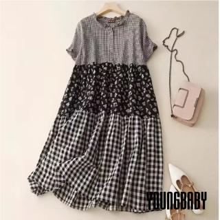 【YOUNGBABY】荷葉領花布拼接格紋棉麻洋裝 中大尺碼女裝