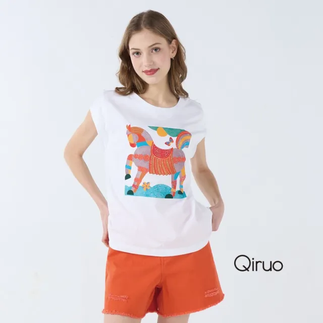 【Qiruo 奇若名品】棉質圓領小包袖 胸前彩繪馬圖白色上衣7117A