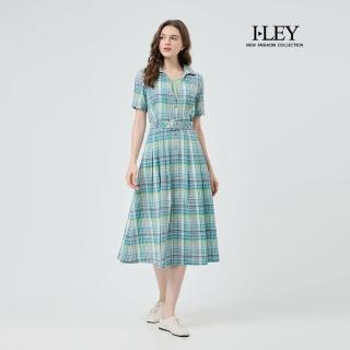 【ILEY 伊蕾】田園風格紋收腰純棉洋裝(綠；M-XL；1252167220)
