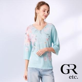 【GLORY21】網路獨賣款-etc.滿版花卉彩鑽V領涼感五分袖針織上衣(綠色)