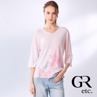 【GLORY21】網路獨賣款-etc.花卉亮鑽V領涼感五分袖針織上衣(粉紅色)
