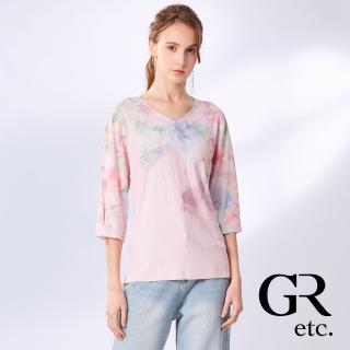 【GLORY21】網路獨賣款-etc.滿版花卉彩鑽V領涼感五分袖針織上衣(粉紅色)