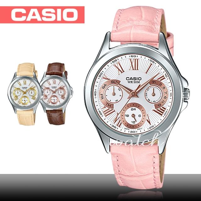 【CASIO 卡西歐】不敗錶款_簡約優雅三演計時_皮革女錶(LTP-E308L)