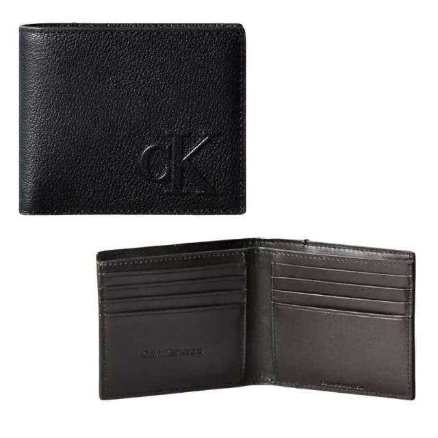 【Calvin Klein】立體LOGO 8卡荔枝皮革短夾 禮盒組-帥氣黑(ck 黑色 男夾 男皮夾 男皮包 男用皮夾)