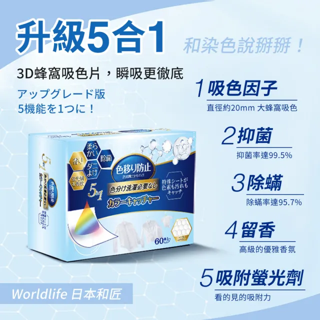 【SYU】Worldlife 日本和匠 5合1洗衣吸色片 60片/盒 防染色片 洗衣紙 吸色片