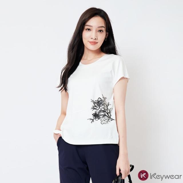 【KeyWear 奇威名品】花卉工藝微光感短袖上衣